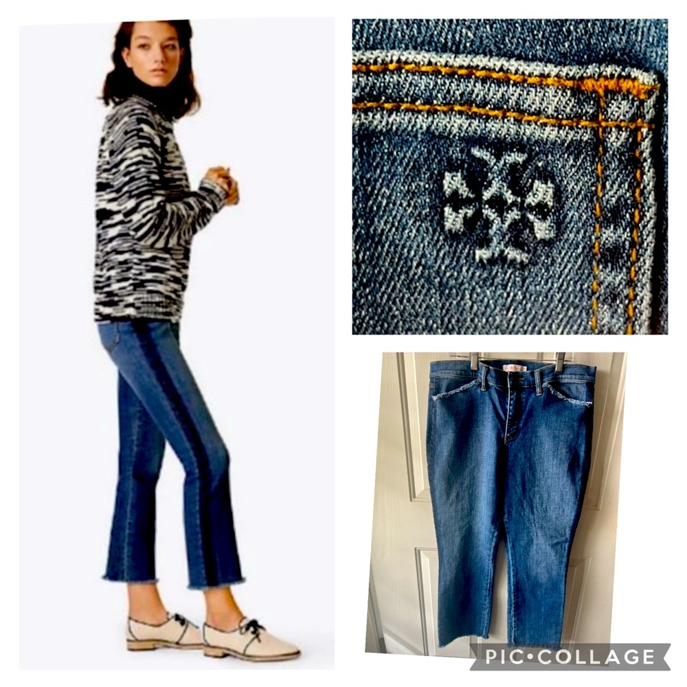 Tory Burch Cropped Harley Denim with Raw Hem in Rain Wash Blue. Sz 30, Like New.